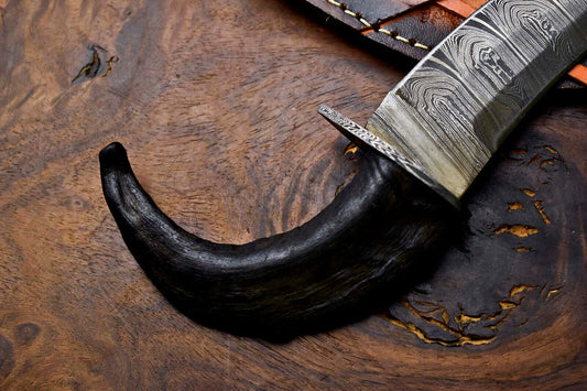8 Inch Handmade Damascus Hunting Knife with Ram's Horn Handle by Heritage Forge