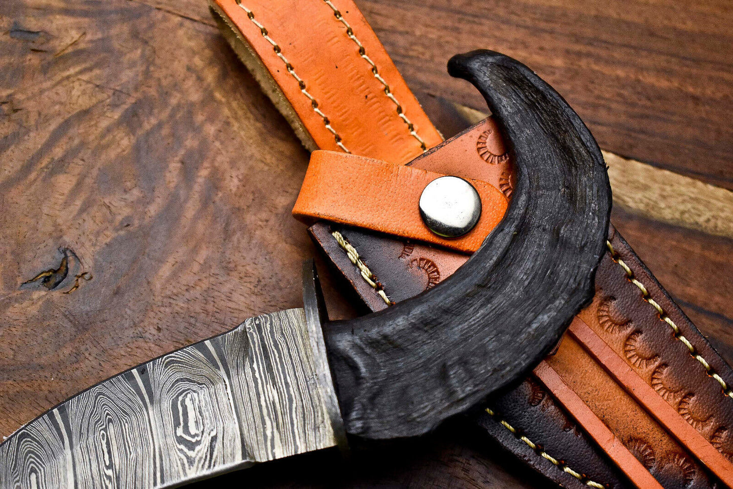 8 Inch Handmade Damascus Hunting Knife with Ram's Horn Handle by Heritage Forge