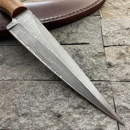 Handmade 11" Full Tang Damascus Bowie Hunting Knife – Wooden Handle with Leather Sheath