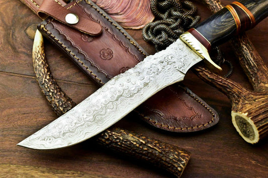 13" Handmade Damascus Bowie Hunting Knife | Hard Wood Handle