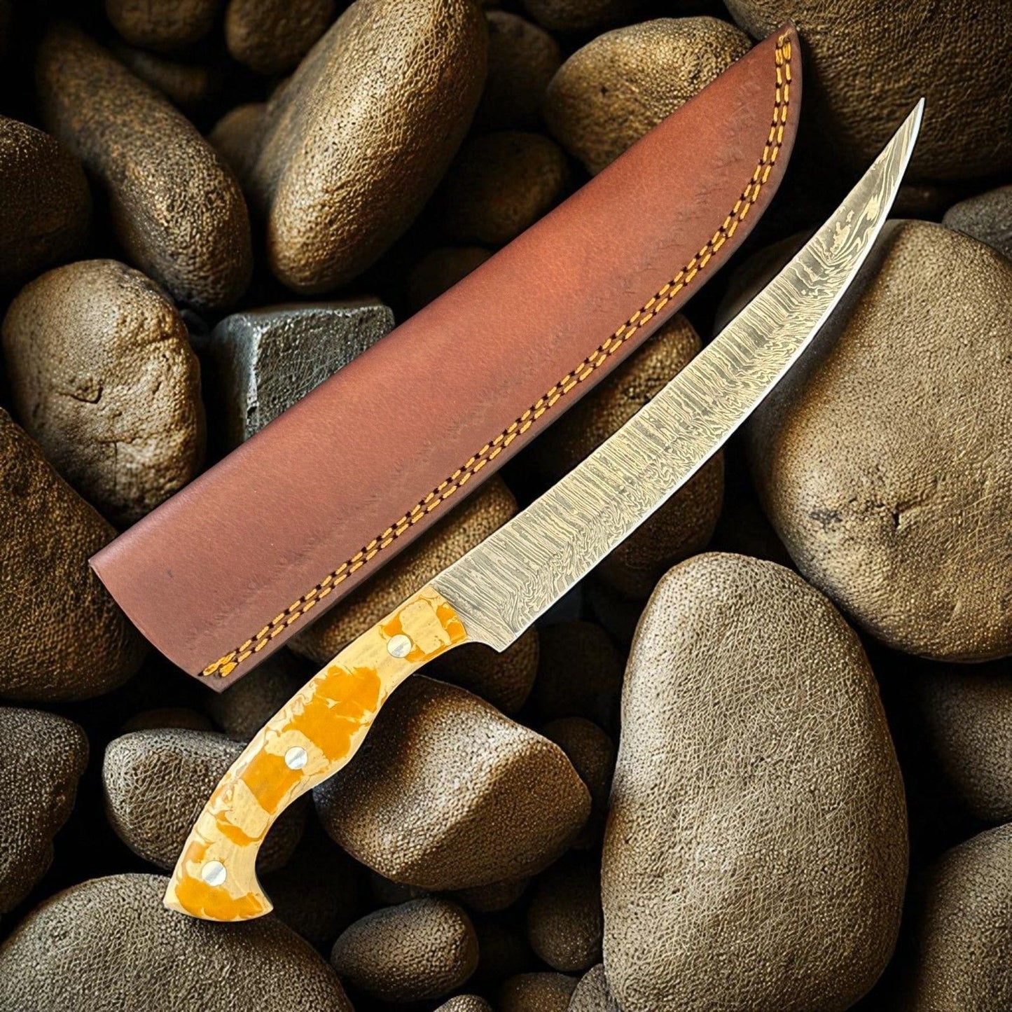 12" Custom Fillet Knife Fire Storm Damascus Fillet Knife Kitchen Blade