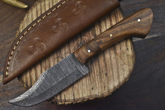 8" Twist Damascus Skinner Knife Walnut Wood Handle Wooden Bolster Custom Hunter
