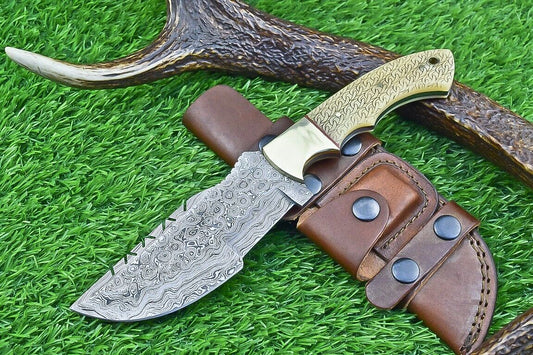 10 Inch Damascus Steel Tracker Bowie Knife with Camel Bone Handle