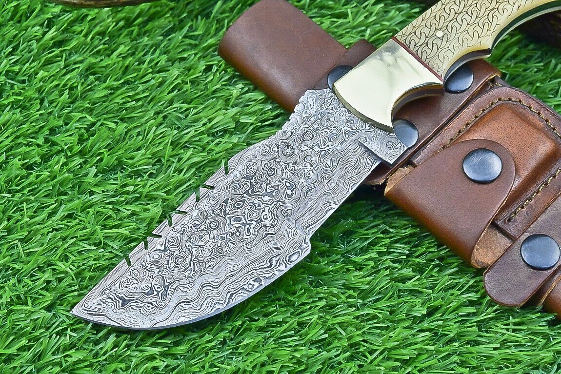 10 Inch Damascus Steel Tracker Bowie Knife with Camel Bone Handle