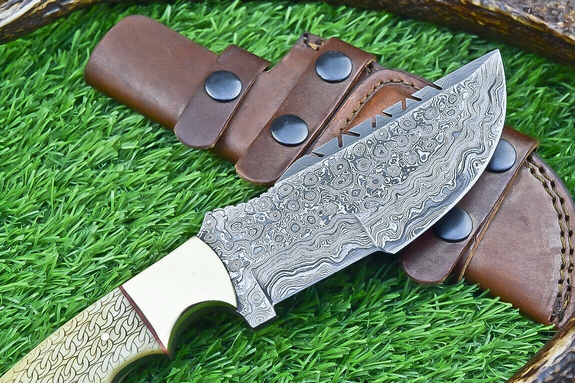 10 Inch Damascus Steel Tracker Bowie Knife with Camel Bone Handle