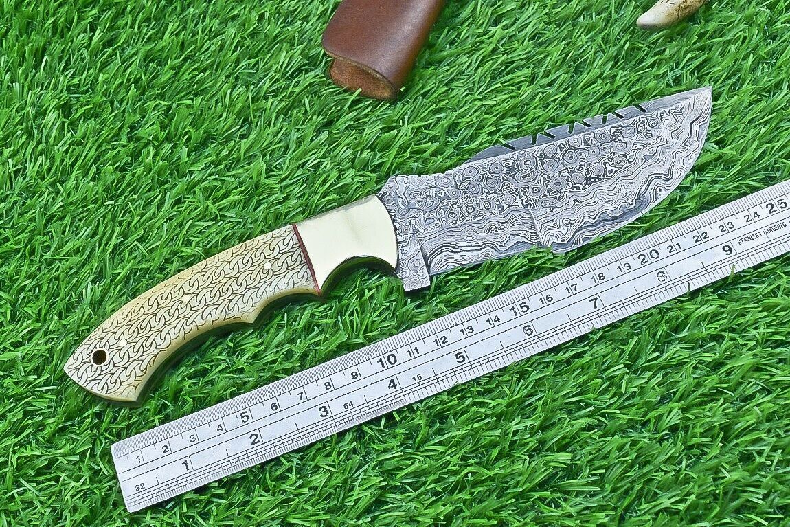 10 Inch Damascus Steel Tracker Bowie Knife with Camel Bone Handle