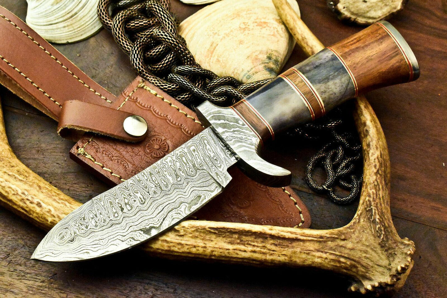 10" Handmade Damascus Hunting Bowie Knife | Camel Bone Handle
