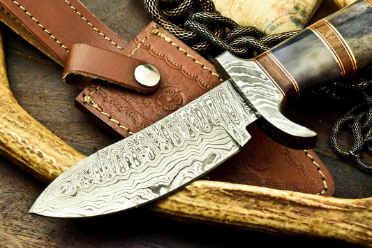 10" Damascus steel Bowie knife with camel bone handle, brass guard & leather sheath
