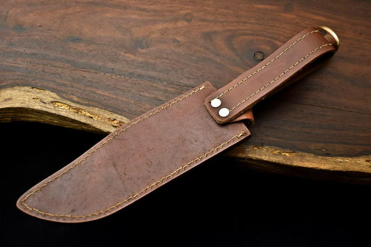 12" Handmade Damascus Steel Bowie Knife – Walnut Wood Hunting Knife with Leather Sheath