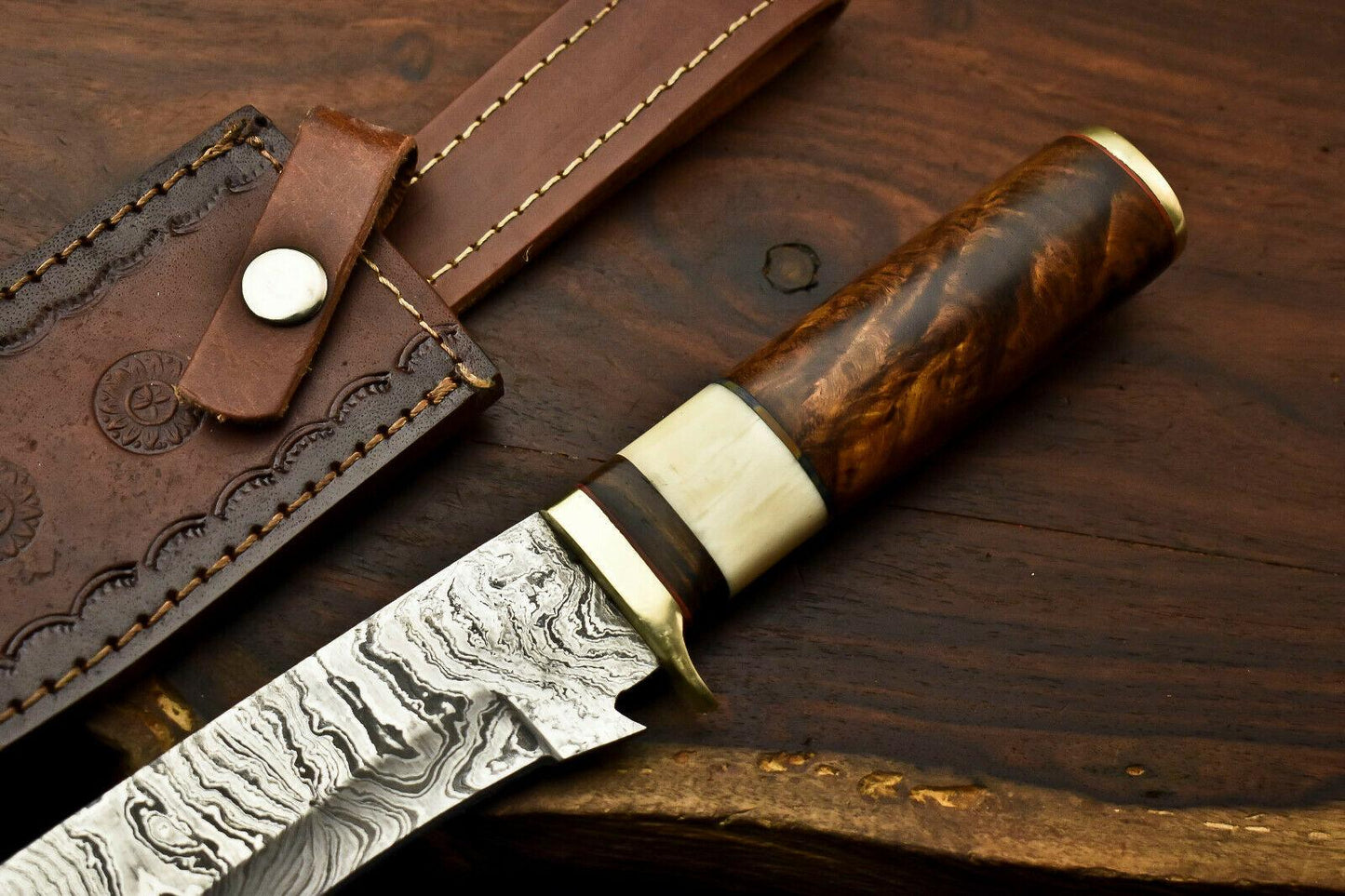 12" Handmade Damascus Steel Bowie Knife – Walnut Wood Hunting Knife with Leather Sheath