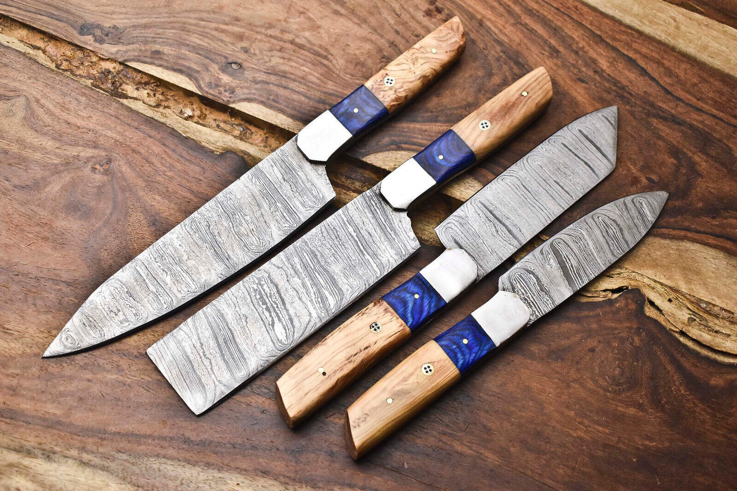Lot of 4 Handmade Damascus Steel Blade Chef Knife Set