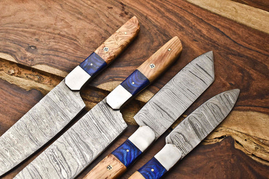 Lot of 4 Handmade Damascus Steel Blade Chef Knife Set