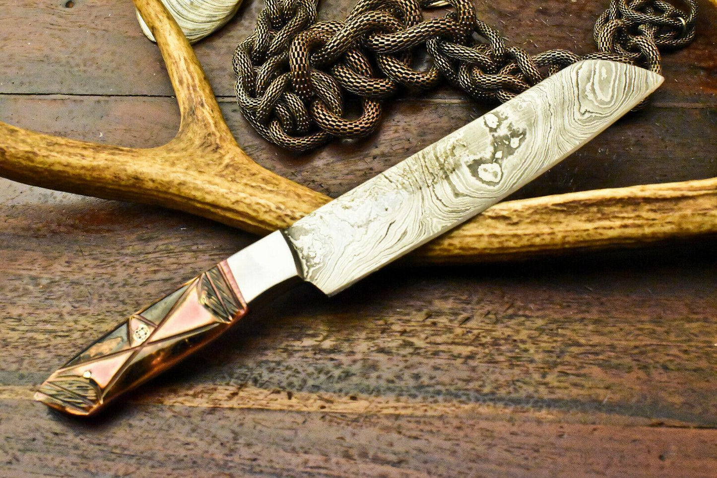 Custom Handmade Damascus Chef Hunting Knife with Engraved Burn-Stained Camel Bone Handle, 384-Layer Forged Blade, Full Tang, Acid-Etched Damascus, Precision Sharpened