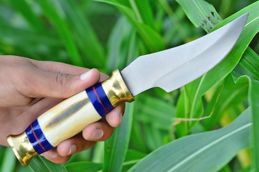 Custom D2 Steel Hunting Bowie Knife with Camel Bone Handle and Leather Sheath