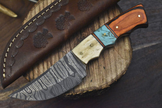 Handmade Twist Damascus Skinner Knife 8" Mixed Handle EDC Outdoor Blade