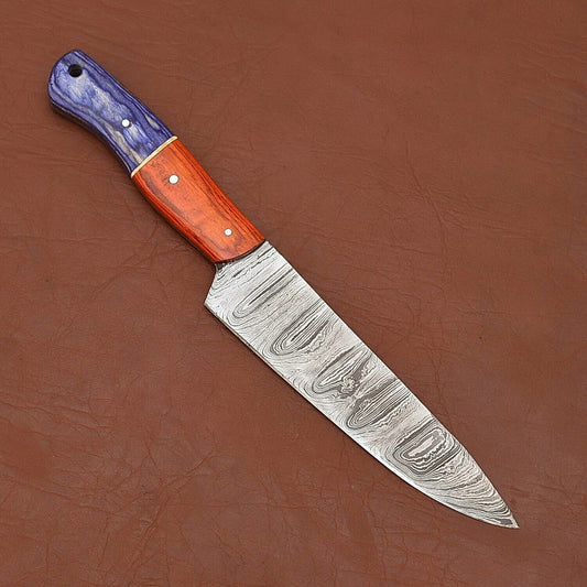 Custom Handmade Damascus Steel Chef Kitchen Knife | 12" Wood Handle with Leather Sheath