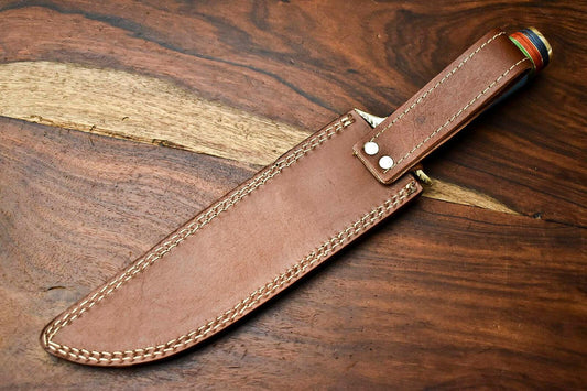 14" Handmade Damascus Steel Hunting Bowie Knife – Camel Bone Handle with Leather Sheath