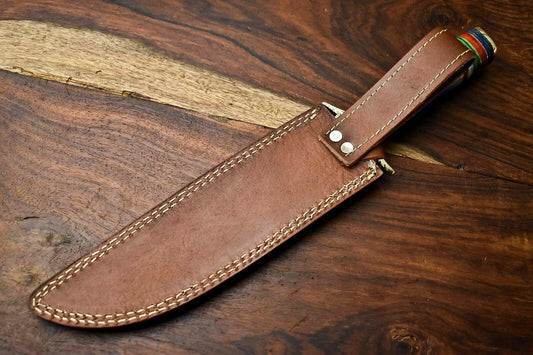 14" Handmade Damascus Steel Hunting Bowie Knife – Camel Bone Handle with Leather Sheath