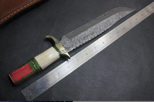 Custom Handmade Damascus Steel Bowie Hunting Knife | Hardwood & Camel Bone Handle