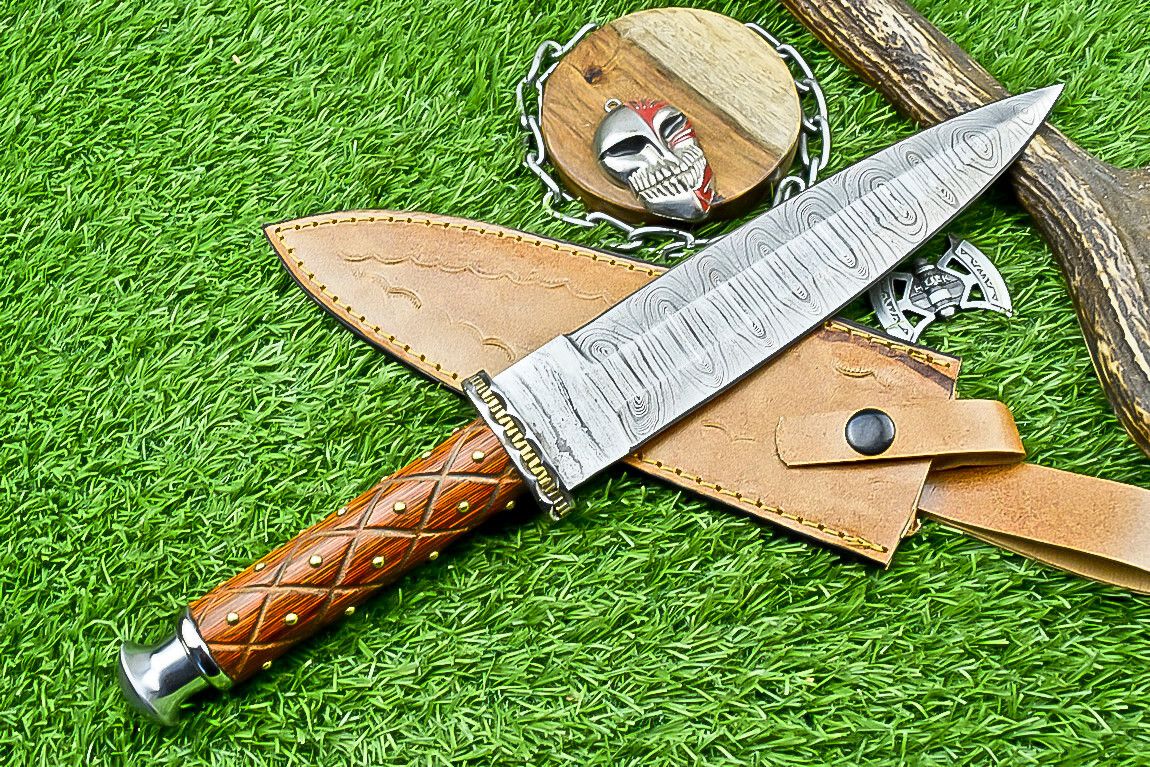 13.5 Inch Handmade Damascus Steel Dagger Knife with Wood Handle