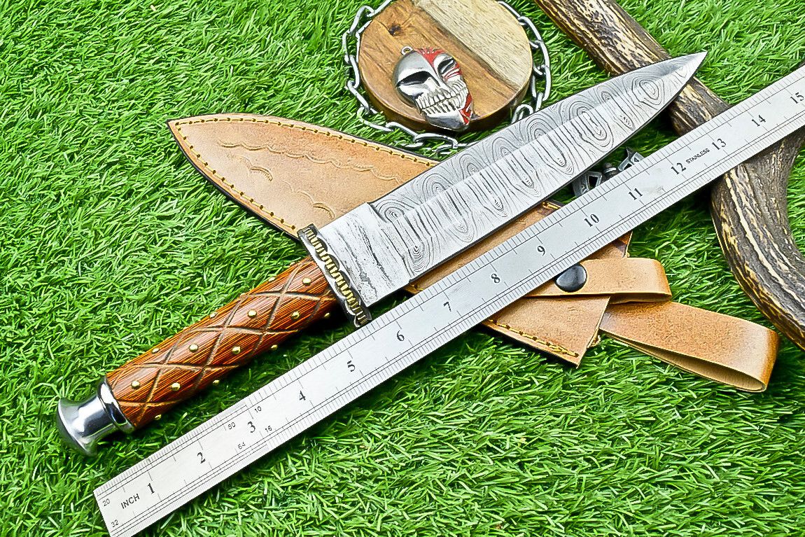 13.5 Inch Handmade Damascus Steel Dagger Knife with Wood Handle