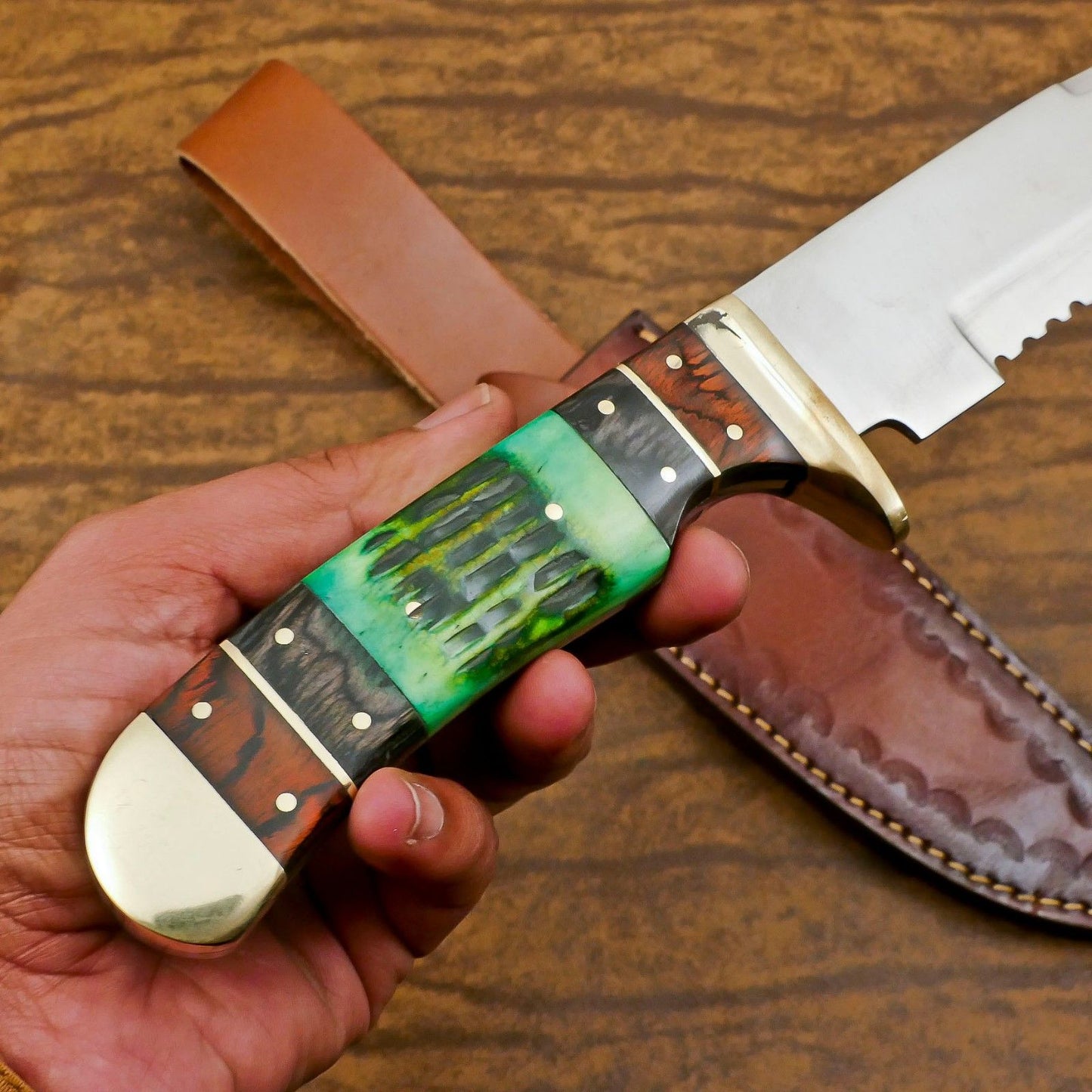 11-Inch D2 Steel Full Tang Bowie Hunting Knife with Bone & Wood Handle