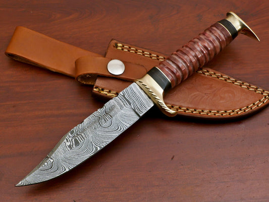 9 Inch Damascus Steel Hunting Bowie Knife with Camel Bone and Pakka Wood Handle Brass Guard