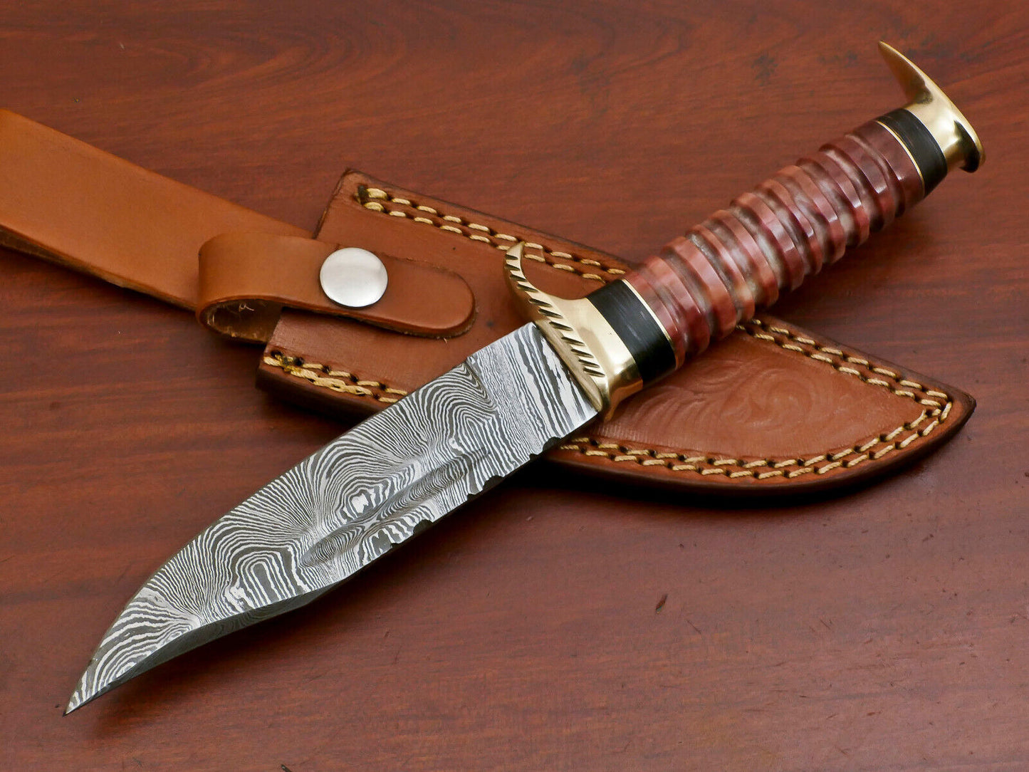 9 Inch Damascus Steel Hunting Bowie Knife with Camel Bone and Pakka Wood Handle Brass Guard