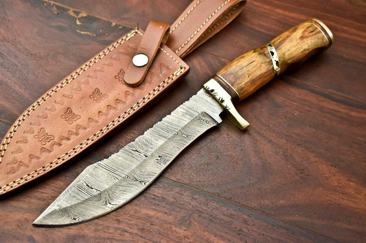 12" Handmade Custom Bowie Knife Damascus Steel Knife with Walnut Wood Handle & Sheath