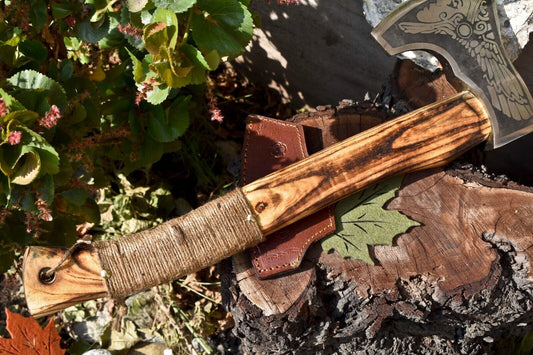 Handmade High Carbon Steel Viking Battle Axe with Etched Blade & Walnut Wood Handle