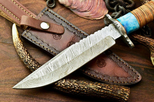 11.5" Handmade Damascus Bowie Hunting Knife | Stained Camel Bone Handle