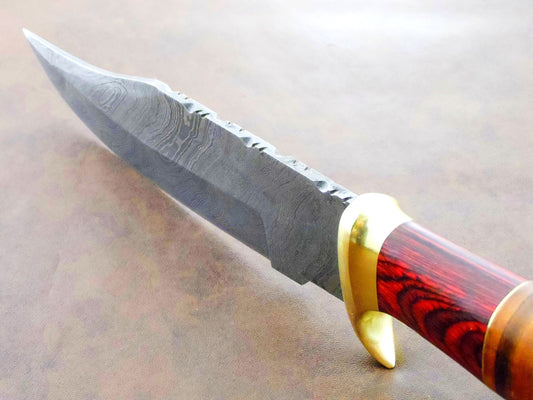 12.25” Handmade Damascus Bowie Knife | Natural Wood Handle