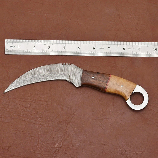 Handmade Damascus Steel Karambit Knife with Wood Handle 9” Best Karambit