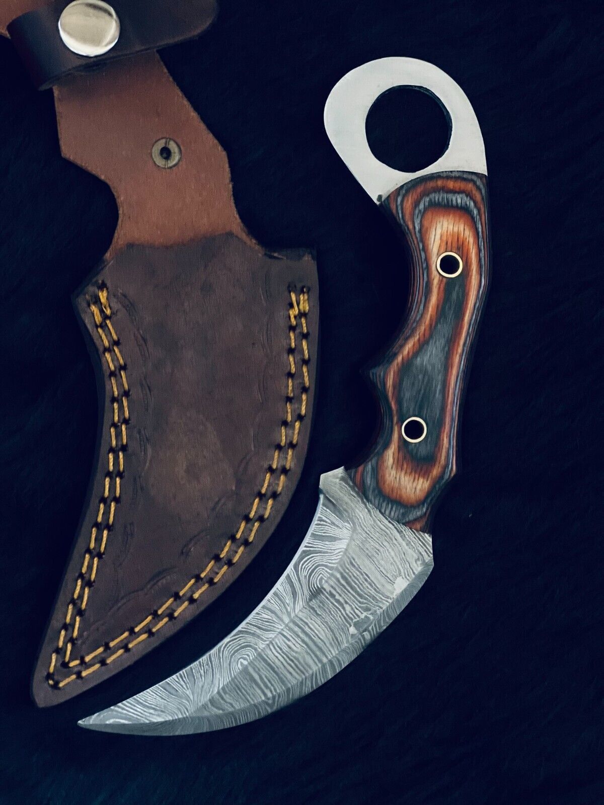 8" Heritage Forge Twist Damascus Karambit Knife – Bone & Wood Handle with Sheath