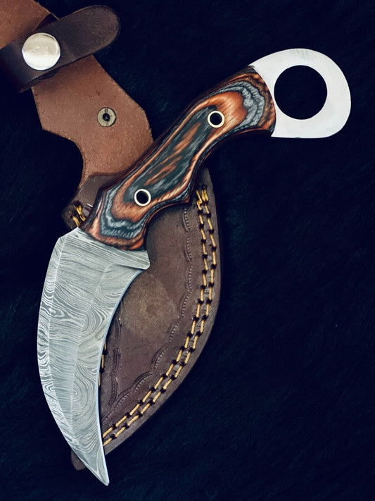 8" Heritage Forge Twist Damascus Karambit Knife – Bone & Wood Handle with Sheath