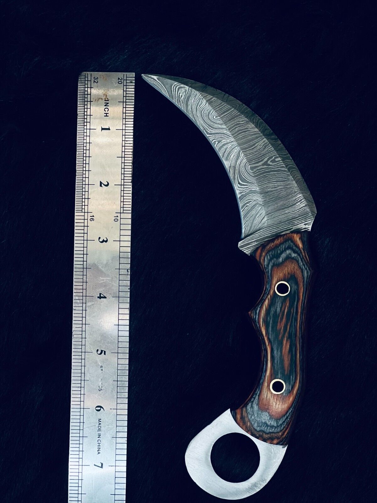 8" Heritage Forge Twist Damascus Karambit Knife – Bone & Wood Handle with Sheath