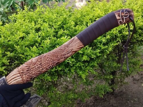 19 Inch Hand Forged Viking Throwing Axe with Carved Ashwood Handle and Leather Sheath