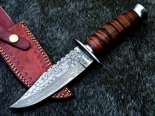 Damascus Steel Bowie Knife – 10 Inch Handmade Hunting Blade with Leather Handle