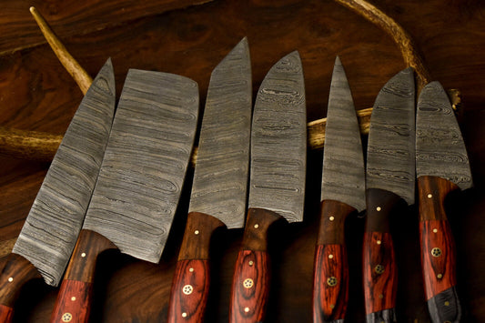 Lot of 7 Handmade Damascus Steel Chef Knives Set Full Tang Kitchen Knife Set