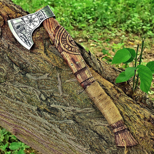 andmade Carbon Steel Viking Axe Hatchet Integral Throwing Tomahawk with Leather Sheath
