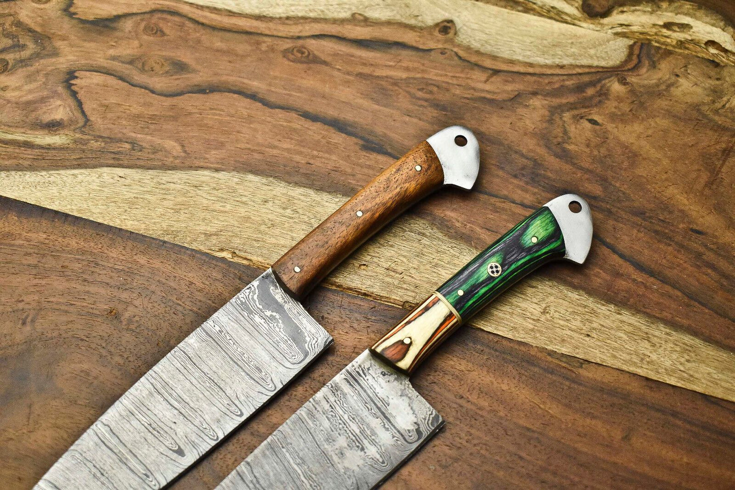 Lot of 2 Handmade Damascus Steel Chef Knives | Full Tang Set