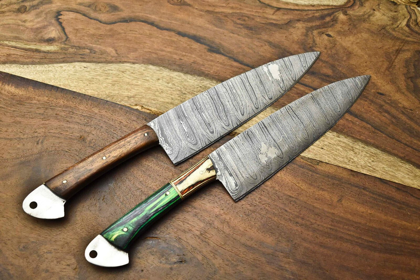 Lot of 2 Handmade Damascus Steel Chef Knives | Full Tang Set