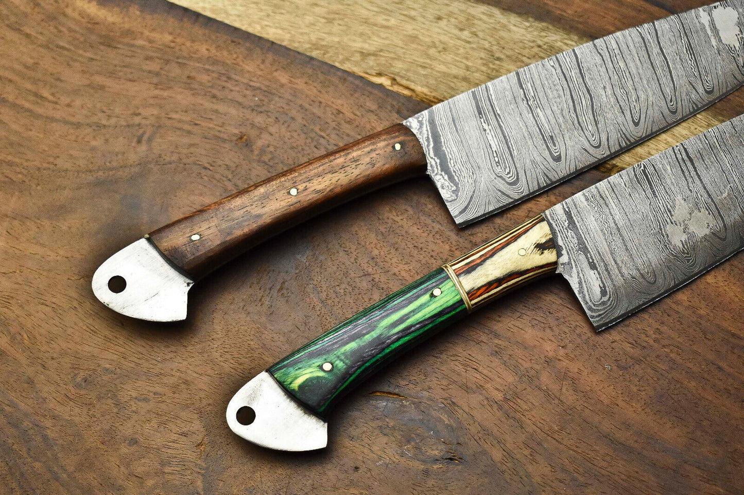 Lot of 2 Handmade Damascus Steel Chef Knives | Full Tang Set