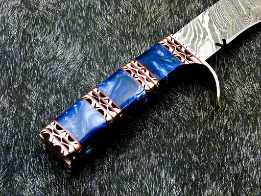 15" Damascus Kukri Hunting Knife – Resin Handle with Brass Accents