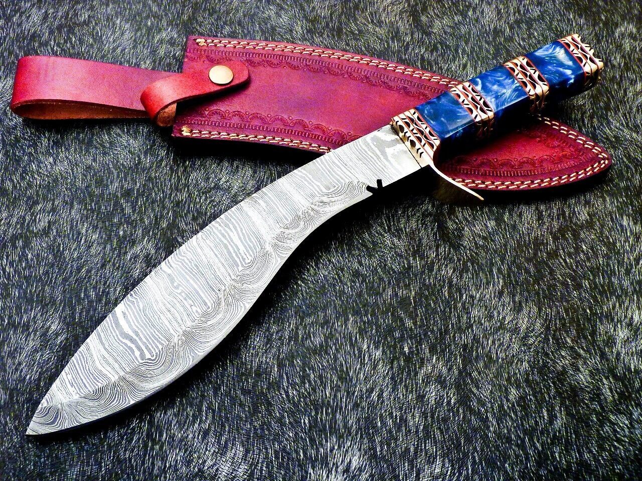 15" Damascus Kukri Hunting Knife – Resin Handle with Brass Accents