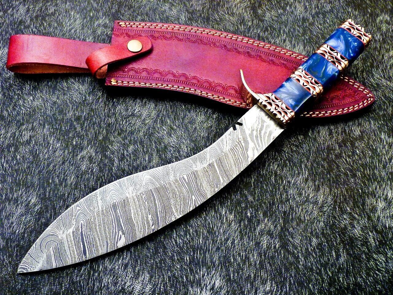 15" Damascus Kukri Hunting Knife – Resin Handle with Brass Accents