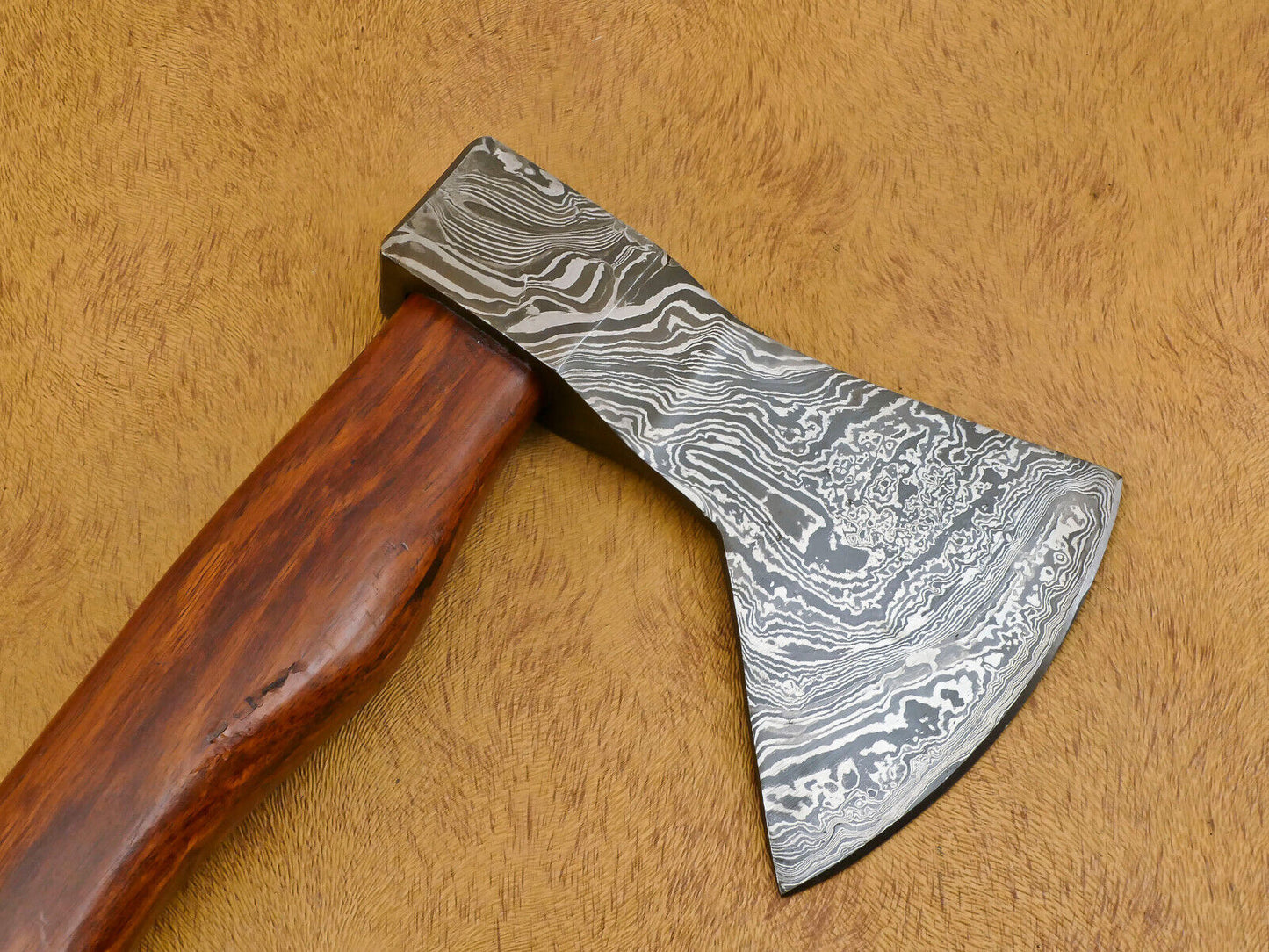 Custom Hand-Forged Damascus Tomahawk Axe with Walnut Handle and Leather Sheath