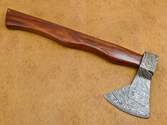 Custom Hand-Forged Damascus Tomahawk Axe with Walnut Handle and Leather Sheath