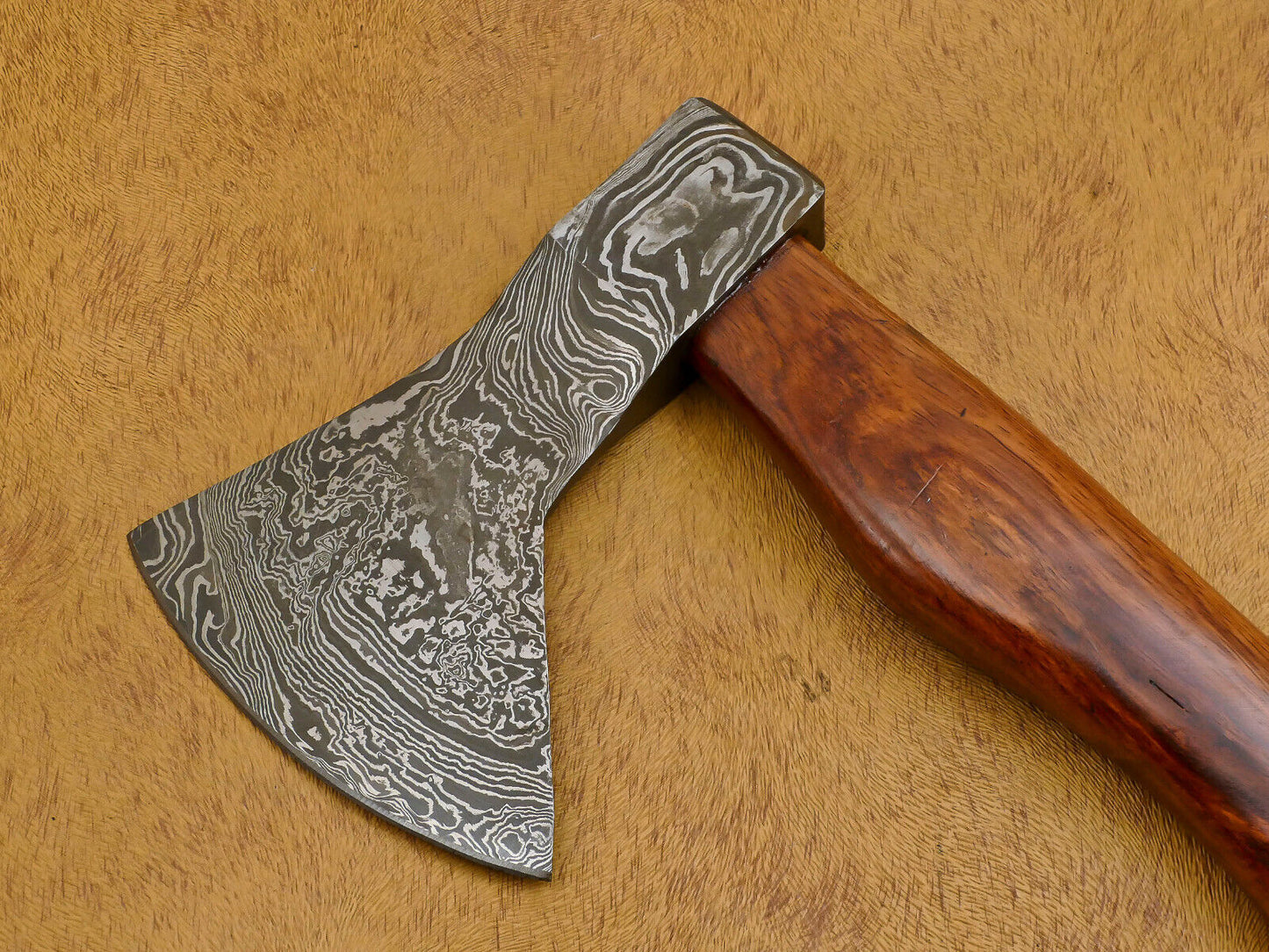 Custom Hand-Forged Damascus Tomahawk Axe with Walnut Handle and Leather Sheath