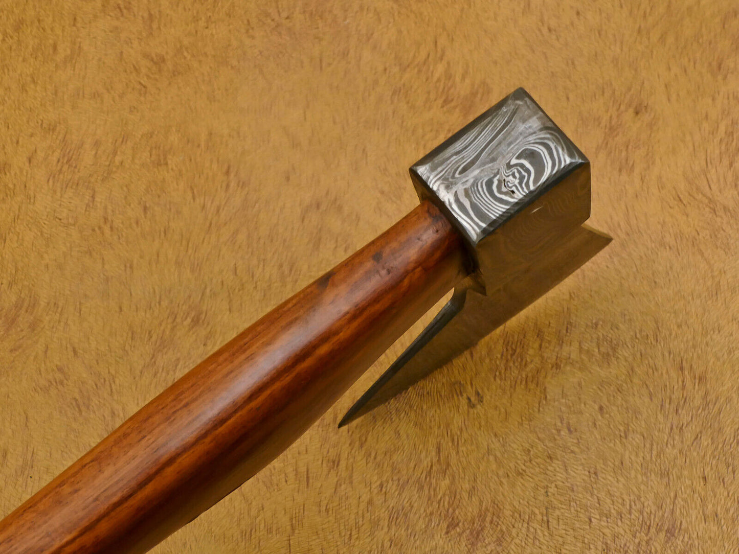 Custom Hand-Forged Damascus Tomahawk Axe with Walnut Handle and Leather Sheath